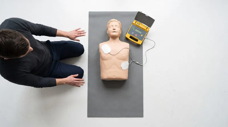 Cursist oefent reanimatie op een trainingspop met een AED