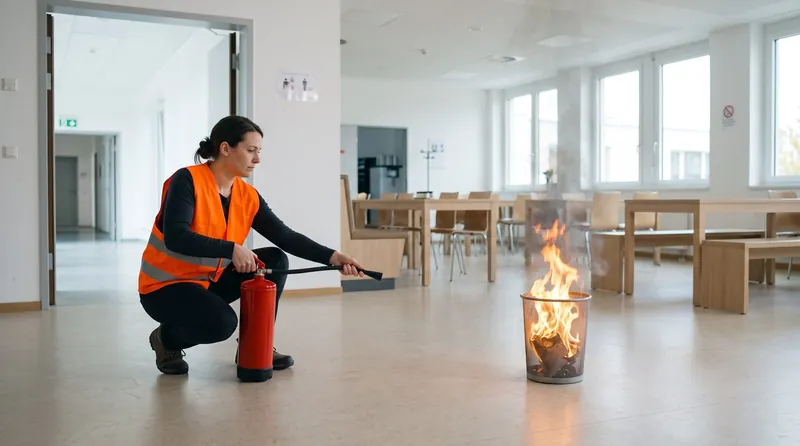 BHV-cursist oefent met een brandblusser